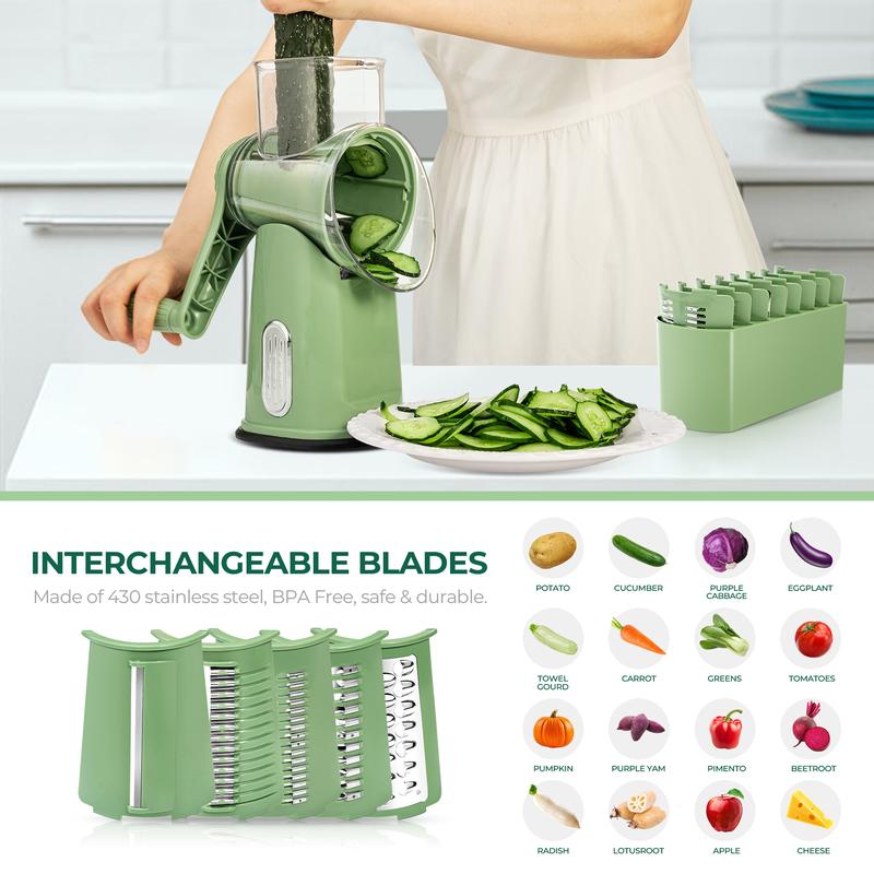SUSTEAS Handheld Rotary Cheese Grater, equipped with 5 carefully designed blades and a strong suction cup base.