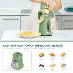 SUSTEAS Handheld Rotary Cheese Grater, equipped with 5 carefully designed blades and a strong suction cup base.