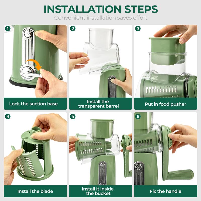 SUSTEAS Handheld Rotary Cheese Grater, equipped with 5 carefully designed blades and a strong suction cup base.
