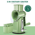 SUSTEAS Handheld Rotary Cheese Grater, equipped with 5 carefully designed blades and a strong suction cup base.